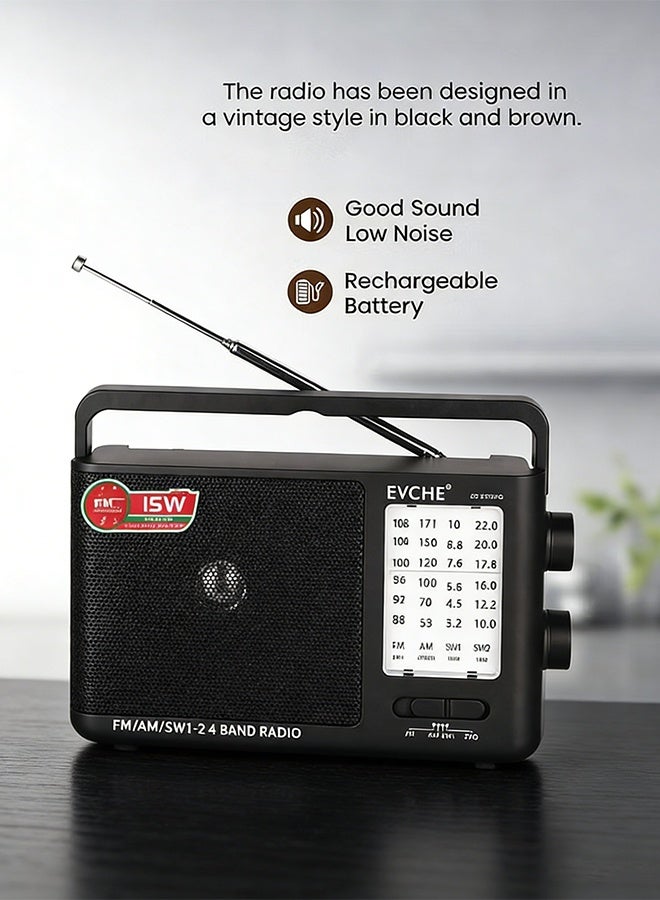 EVCHE Portable Radio FM/AM/SW Receiver with USB & Battery Power, Earphone Jack, Black - Image 2